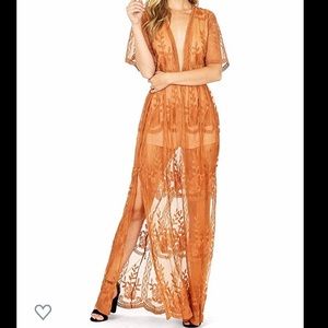 Haute Monde Low Neckline Sheer Lace Maxi Dress